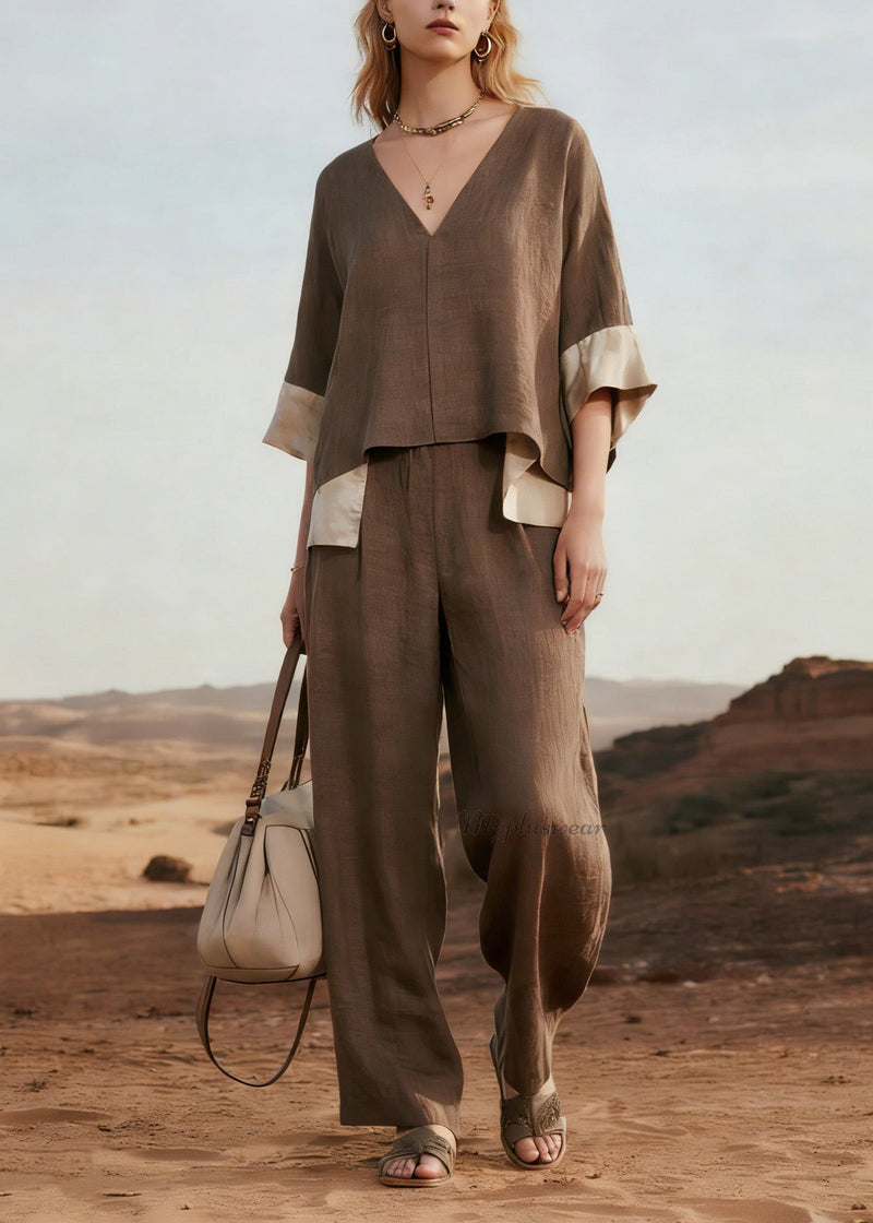V Neck Patchwork Linen Two Pieces Set Summer