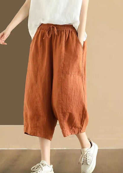 Pockets Elastic Waist Linen Crop Pants Summer