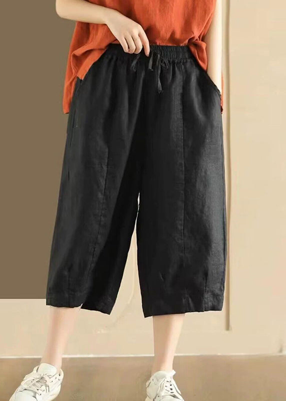 Pockets Elastic Waist Linen Crop Pants Summer
