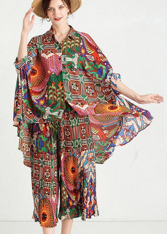 Print Animal Peter Pan Collar Button Fall Two Pieces Set Half Sleeve