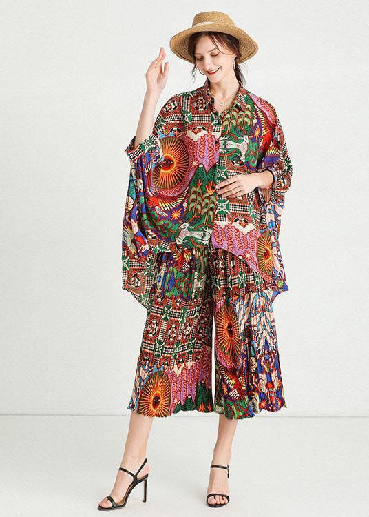 Print Animal Peter Pan Collar Button Fall Two Pieces Set Half Sleeve