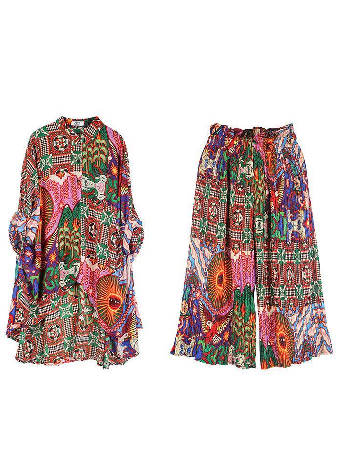 Print Animal Peter Pan Collar Button Fall Two Pieces Set Half Sleeve