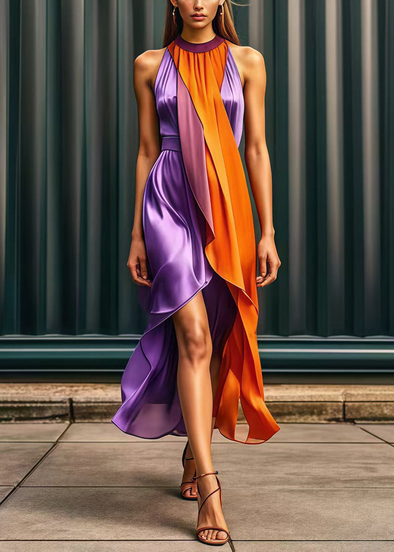 Purple Asymmetrical Patchwork Silk Holiday Dress Summer