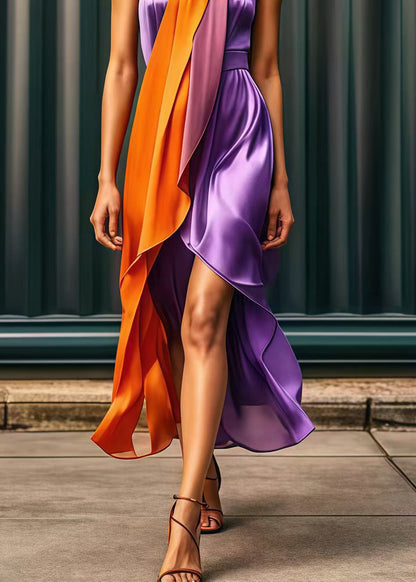 Purple Asymmetrical Patchwork Silk Holiday Dress Summer