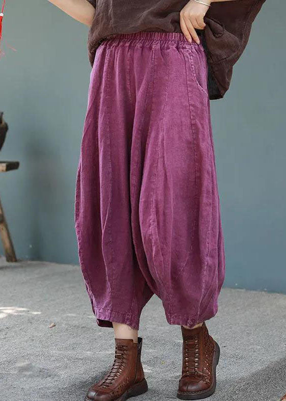 Purple Elastic Waist Pockets Patchwork Cotton Lantern Pants Summer