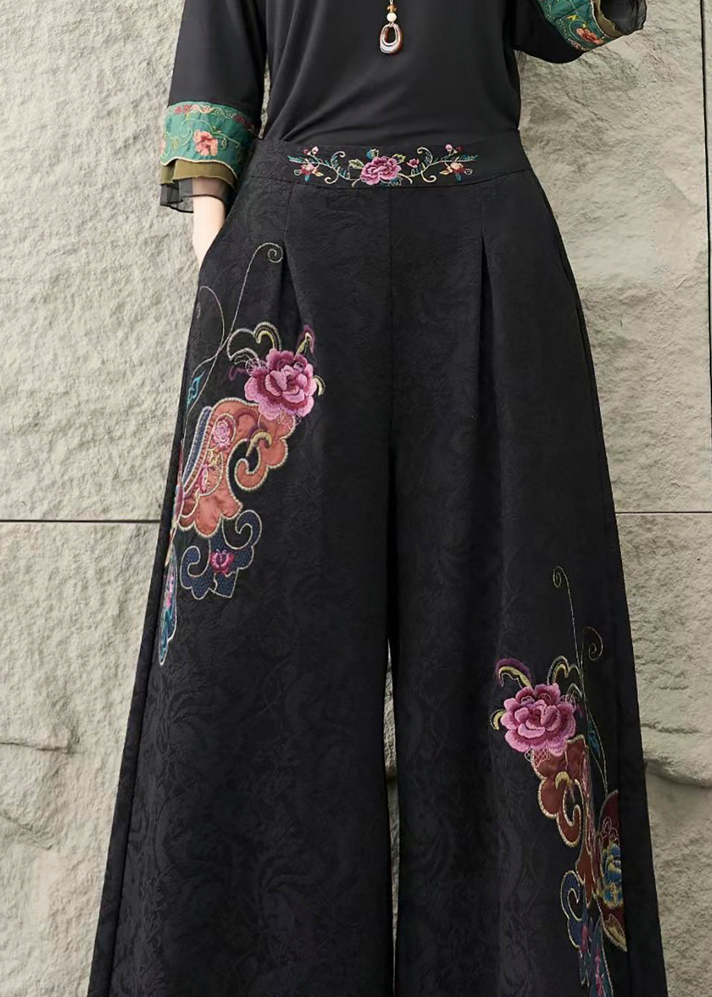 Purple Embroidered Pockets Cotton Pants Trousers Fall