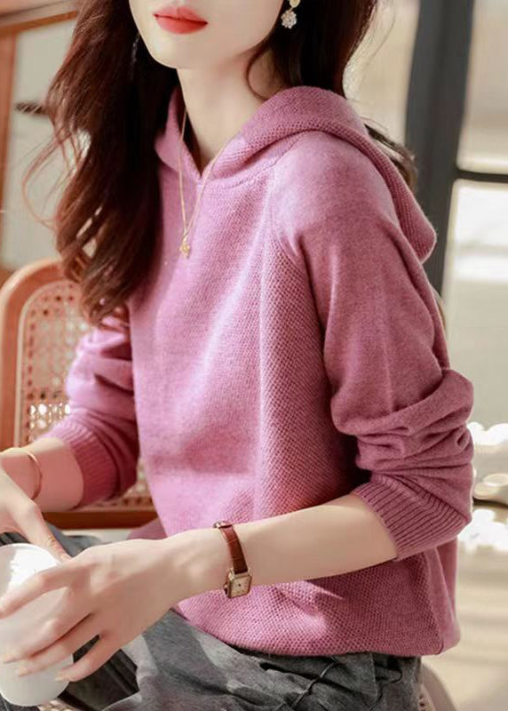 Purple Hooded Thick Patchwork Knit Woolen Sweaters Fall