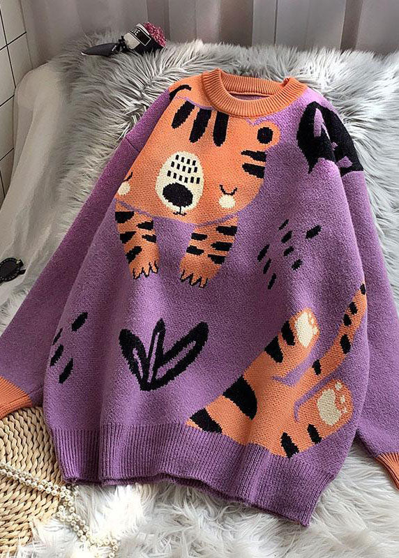 Purple O-neck Cartoon Print Thick Knit Sweater Tops Winter