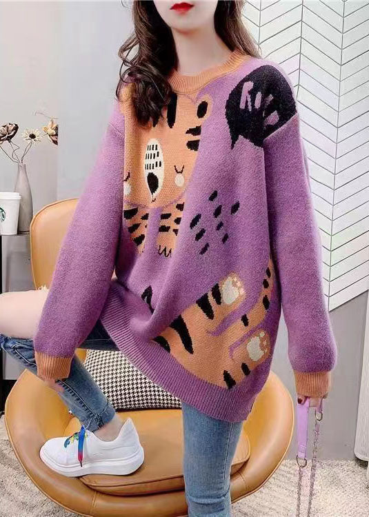 Purple O-neck Cartoon Print Thick Knit Sweater Tops Winter