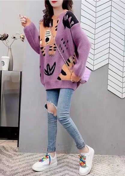 Purple O-neck Cartoon Print Thick Knit Sweater Tops Winter