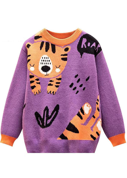 Purple O-neck Cartoon Print Thick Knit Sweater Tops Winter