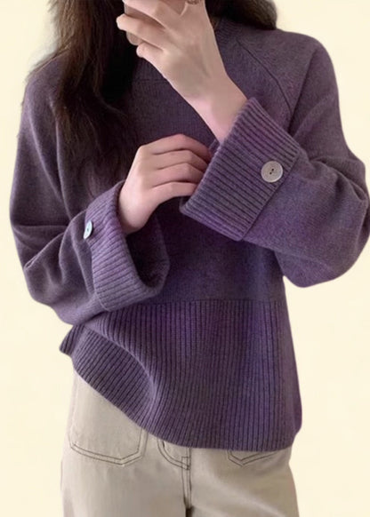 Purple O-neck Cozy Cotton Knit Sweater Top Fall