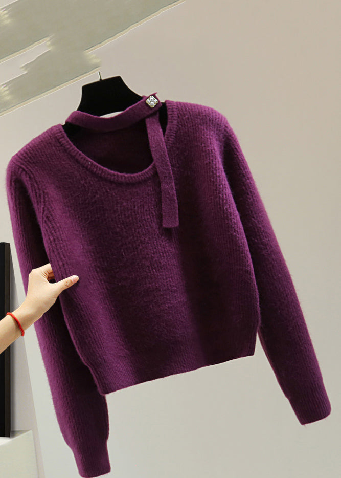 Purple O-neck Cozy Cotton Knit Sweaters Winter