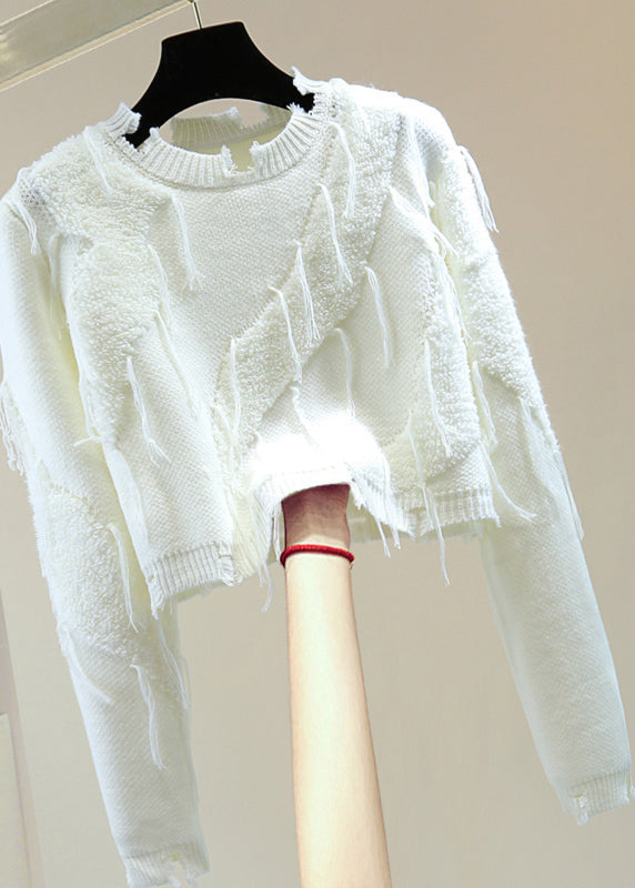Purple O-neck Ripped Tassel Cotton Knit Sweater Winter