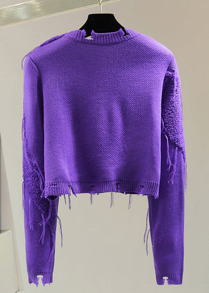 Purple O-neck Ripped Tassel Cotton Knit Sweater Winter