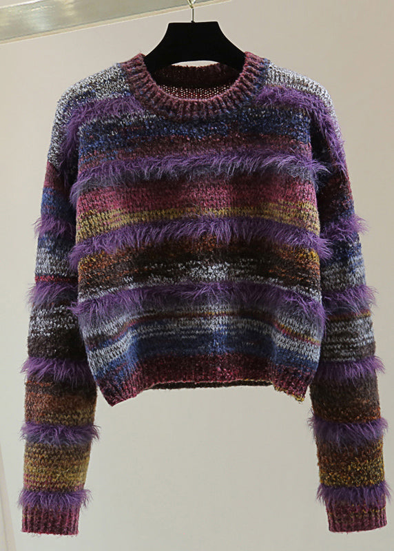 Purple O-neck Thick Striped Cotton Knit Sweater Top Winter