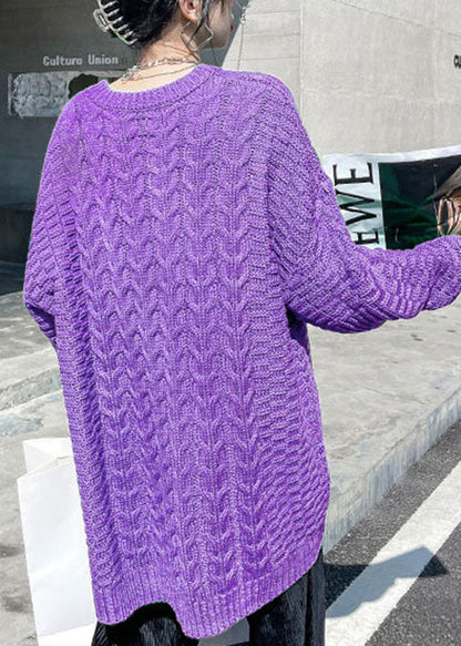 Purple O-neck Cable Knit Sweaters Loose Fall Sweater