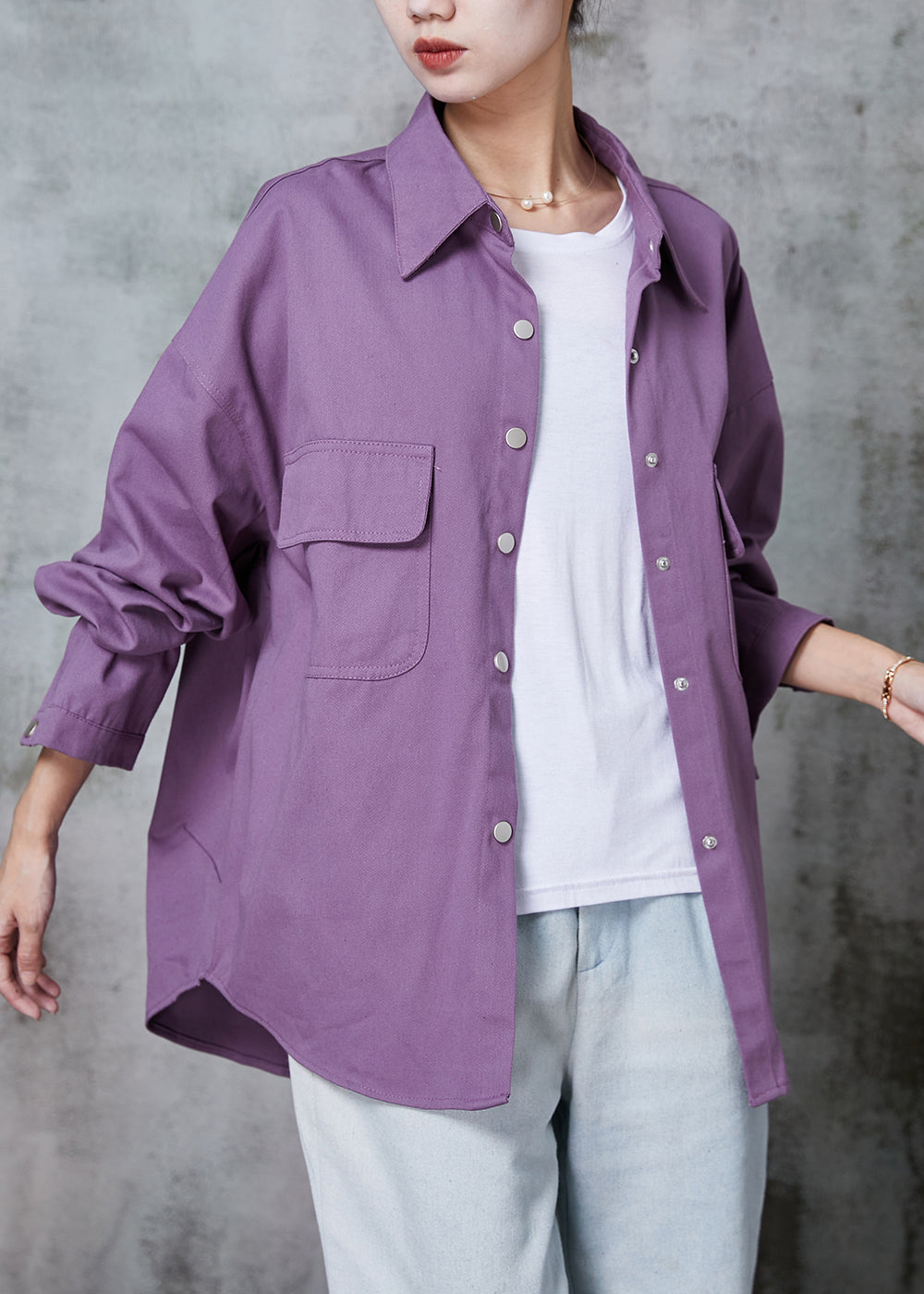 Purple Oversized Pockets Cotton Blouses Spring