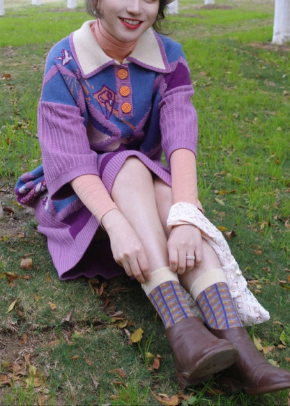 Purple Peter Pan Collar Print Warm Cotton Knit Long Sweaters Dress Fall