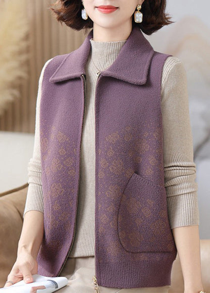 Purple Pockets Patchwork Knit Waistcoat Sleeveless
