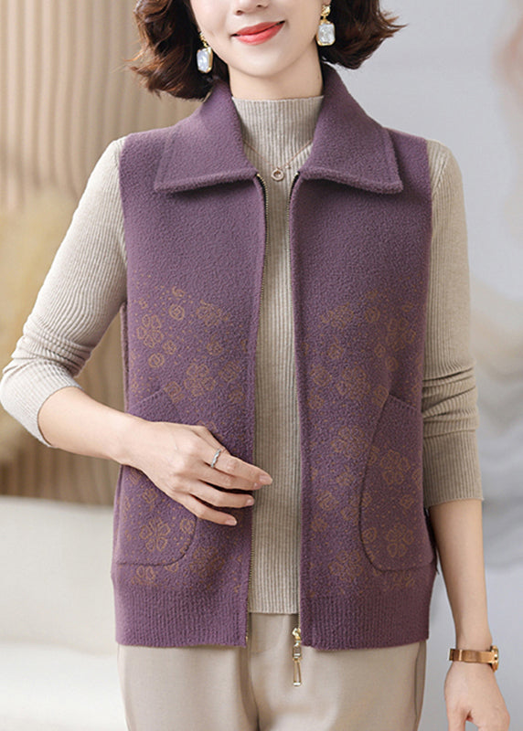 Purple Pockets Patchwork Knit Waistcoat Sleeveless