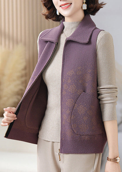 Purple Pockets Patchwork Knit Waistcoat Sleeveless
