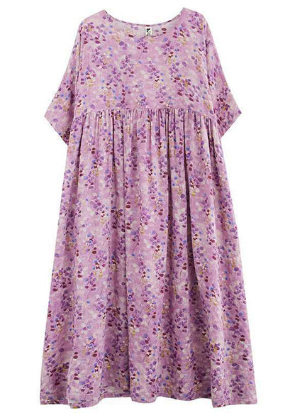 Purple Print Patchwork Ankle Dress Half Sleeve