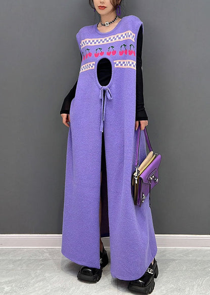 Purple Print Side Open Cashmere Knit Long Dresses Sleeveless