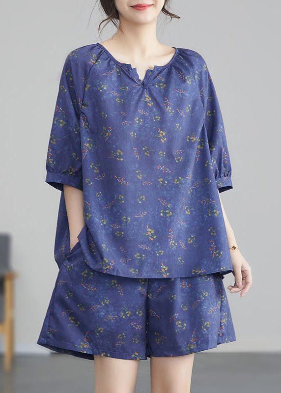 Purple Print Wrinkled Tops and Shortscotton Two Pieces Set Summer