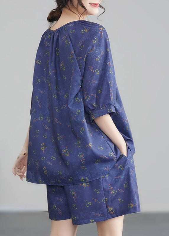 Purple Print Wrinkled Tops and Shortscotton Two Pieces Set Summer