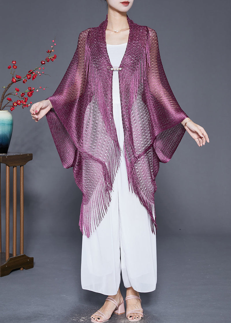 Purple Tasseled Oversized Knit Cardigan Fall