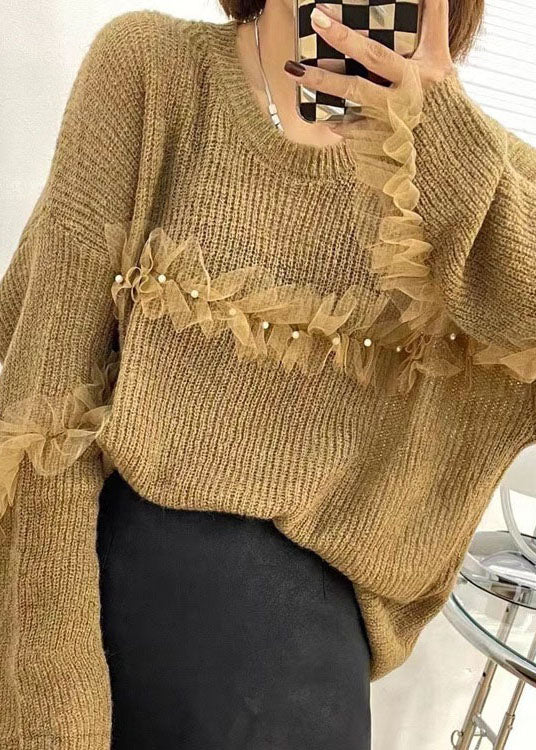 Purple Tulle Patchwork Nail Bead Fall Knit Sweaters