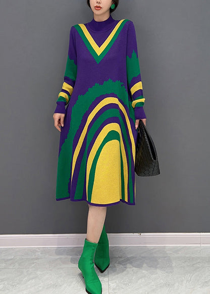 Purple Turtleneck Striped Knit Vacation Dresses Fall