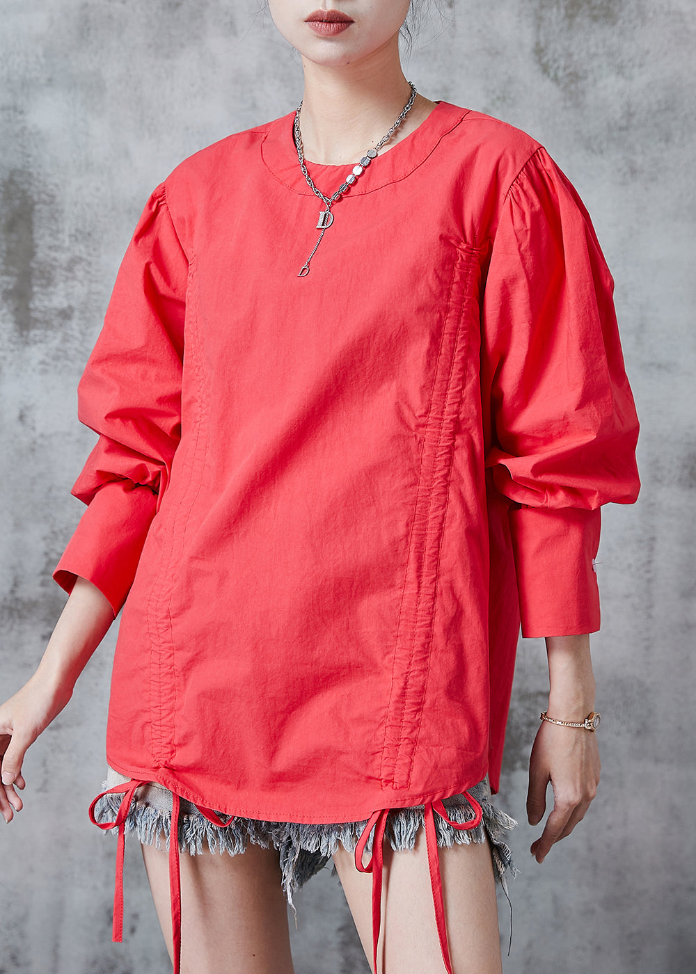 Red Cinched Cotton Sweatshirts Top Summer