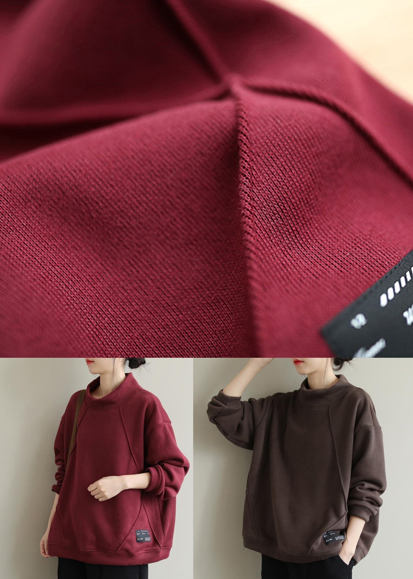 Red Hign Neck Warm Fleece Pullover Sweatshirt Top Winter