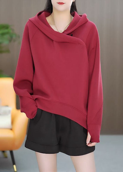 Red Hooded Asymmetrical Cotton Pullover Sweatshirt Winter