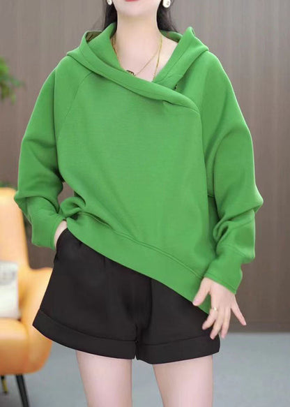 Red Hooded Asymmetrical Cotton Pullover Sweatshirt Winter