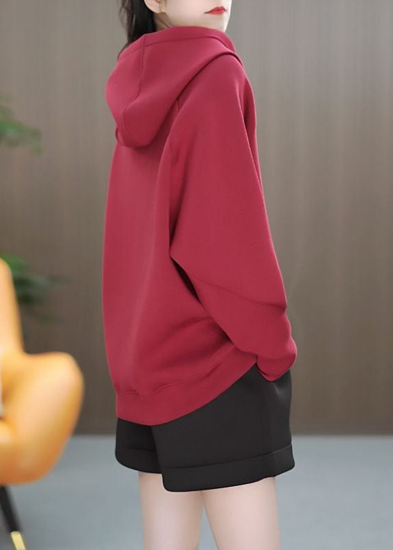 Red Hooded Asymmetrical Cotton Pullover Sweatshirt Winter