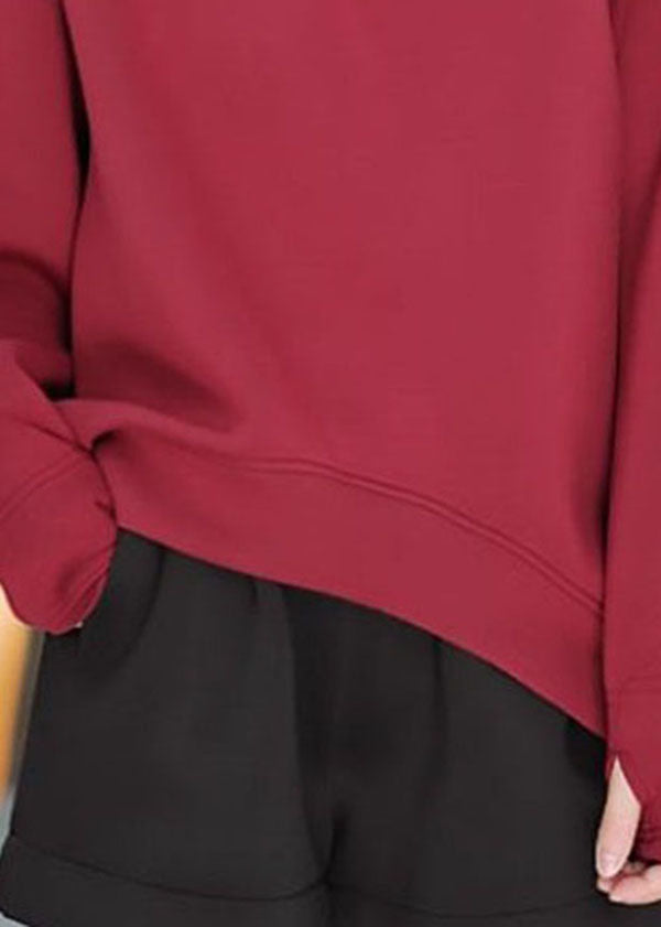 Red Hooded Asymmetrical Cotton Pullover Sweatshirt Winter