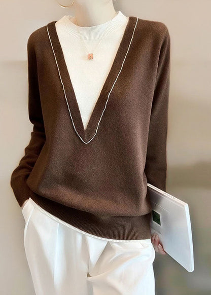 Red Nail Bead Patchwork Fake Two Pieces Wool Knit Sweater Long Sleeve