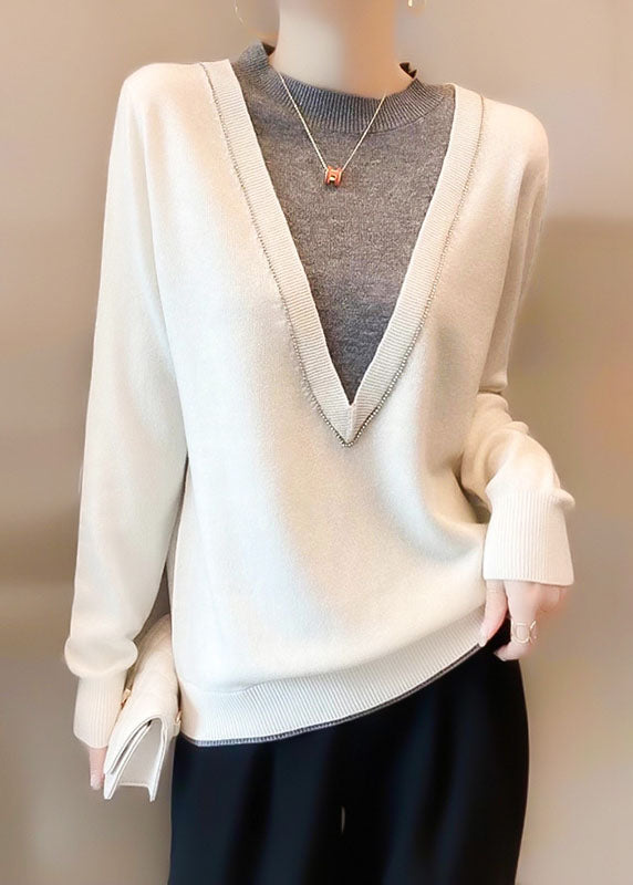 Red Nail Bead Patchwork Fake Two Pieces Wool Knit Sweater Long Sleeve