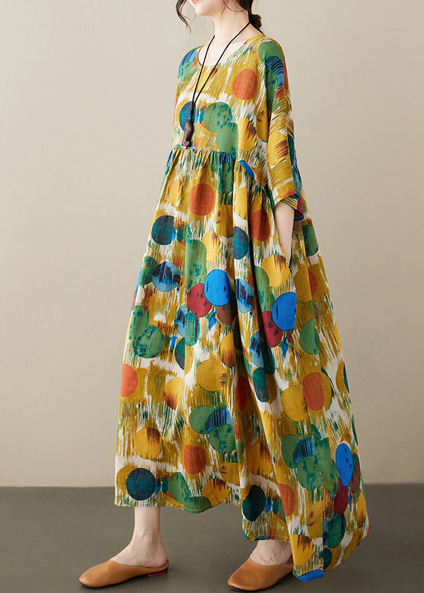 Red O-nec Print Wrinkled Maxi Dresses Half Sleeve