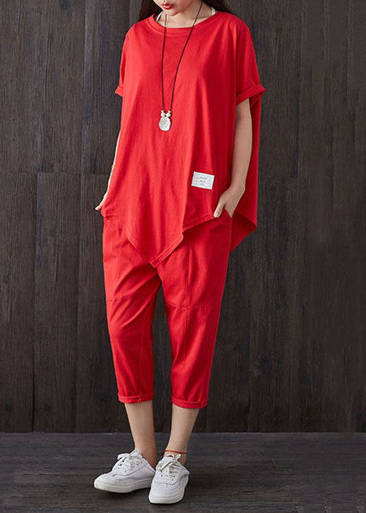 Red O-neck Asymmetrical Design Patchwork Cotton Two Pieces Set Summer