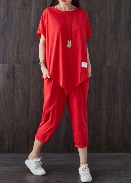 Red O-neck Asymmetrical Design Patchwork Cotton Two Pieces Set Summer