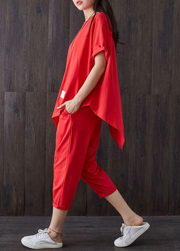 Red O-neck Asymmetrical Design Patchwork Cotton Two Pieces Set Summer