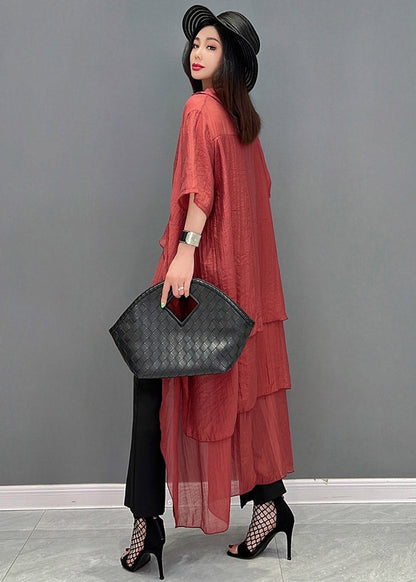 Red O-neck Asymmetrical Patchwork Dresses Short Sleeve