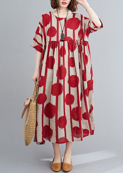 Red O-neck Print Wrinkled Exra Large Hem Cotton Long Dresses Short Sleeve