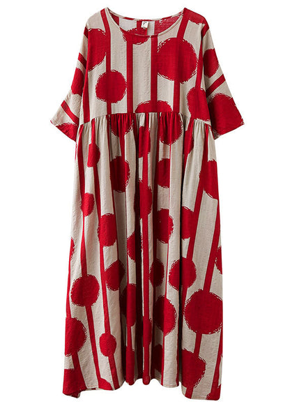 Red O-neck Print Wrinkled Exra Large Hem Cotton Long Dresses Short Sleeve
