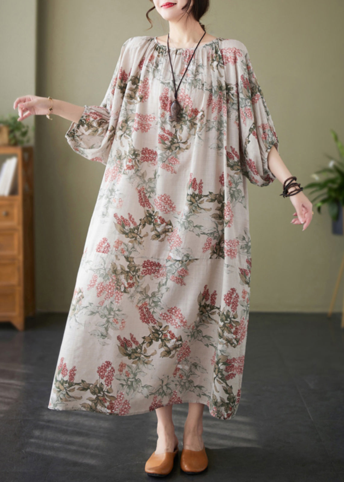 Red O-neck Print Wrinkled Vacation Dresses Half Sleeve