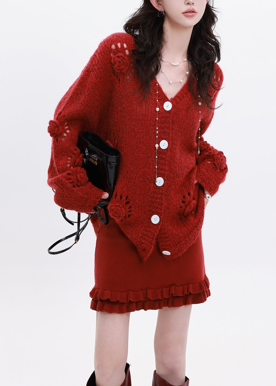 Red Oversized Decorated Knit Cardigan Winter